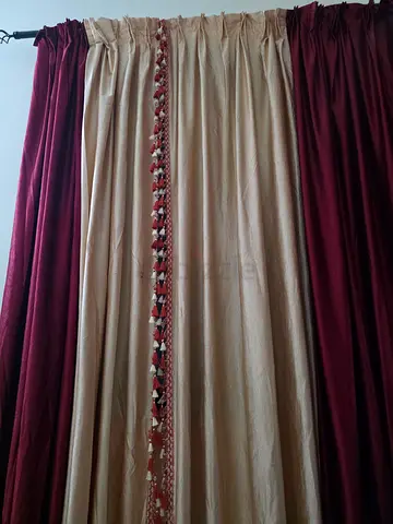Maroon and Beige Full-Length Curtains with Decorative Trim