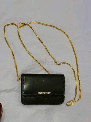 Genuine Burberry small black leather crossbody wallet with gold chain