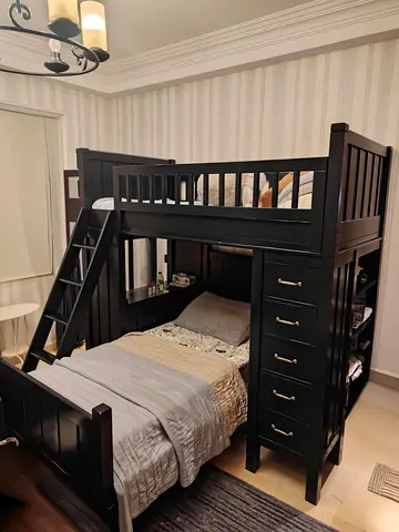 Pottery Barn Brand  Solid Wood Navy Blue Bunk Bed with Built-in Desk and Storage