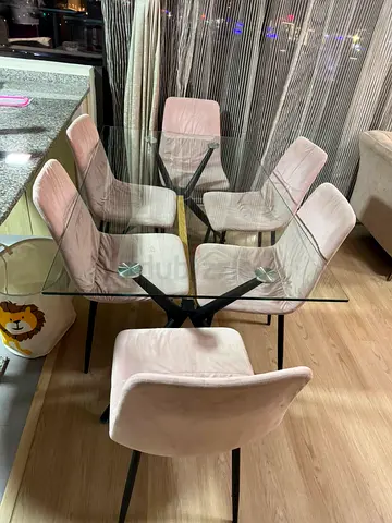 Glass Top Dining Table with 6 Pink Velvet Chairs