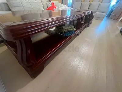 Solid wood low TV/coffee table with shelf — dark mahogany finish
