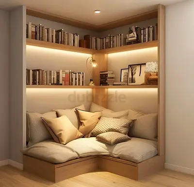 Corner built-in reading nook with shelves and cushioned seating