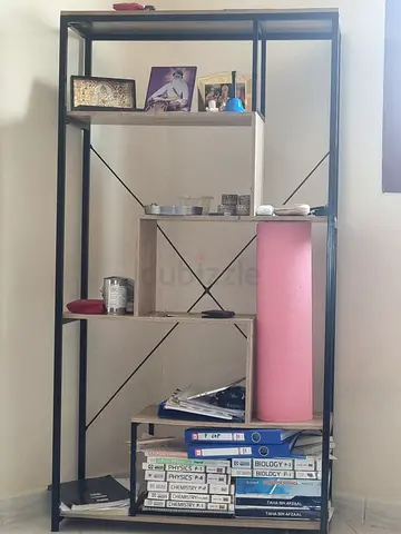 Industrial-style metal shelving unit with wooden shelves (good condition)