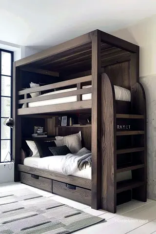 Wood Bunk Bed with Storage Drawers and Side Shelves - Dark Finish