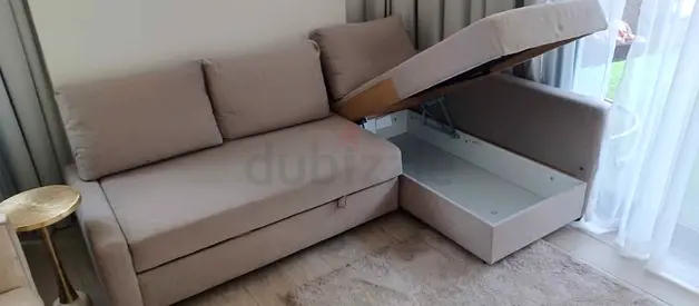 Beige L-Shaped Sofa Bed with Storage