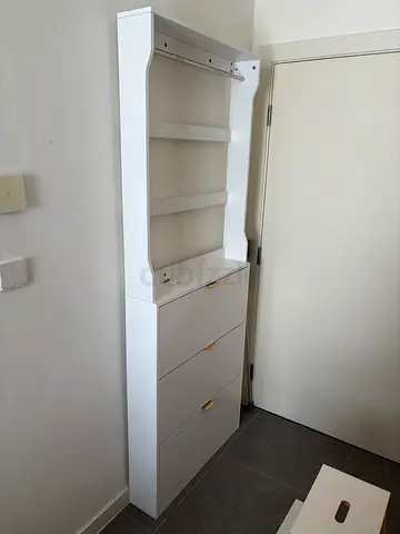 White tall shoe rack with three drawers