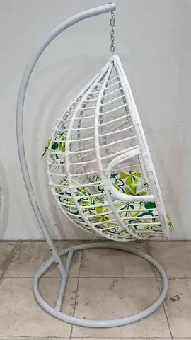 White Hanging Egg Chair with Stand and Cushions