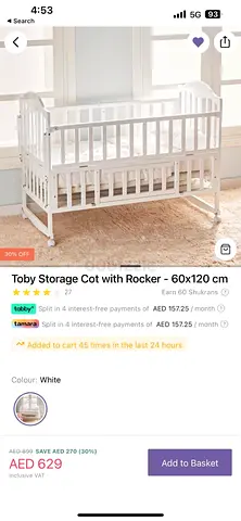 Toby white wooden storage cot with rocker – 60x120 cm (good condition)