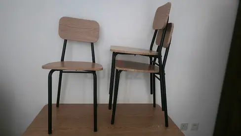Set of 3 Simple Wooden School-Style Chairs with Metal Frames