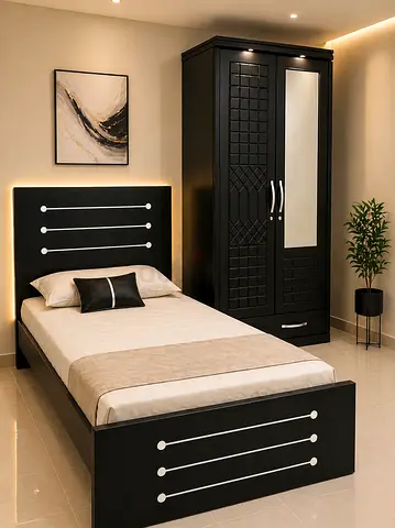 New Black Single Bed with Matching Wardrobe - Modern Bedroom Set