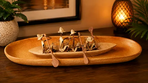 Handmade Wooden Canoe Sculpture Centerpiece - Rustic Decorative Piece
