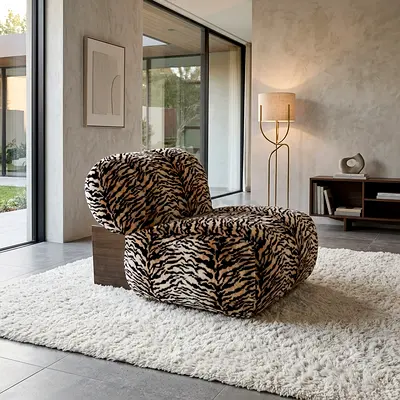 Unique Zebra-Print Accent Chair with Wooden Base - Like New