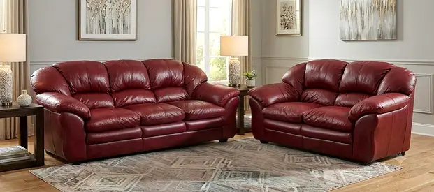 Genuine leather 3-seater sofa and 2-seater loveseat set - burgundy