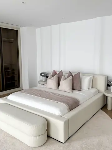 Modern Upholstered Bed Frame with Padded Headboard and Bench