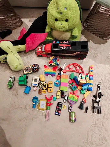 Mixed kids toys bundle — plush, small cars, building blocks and figures