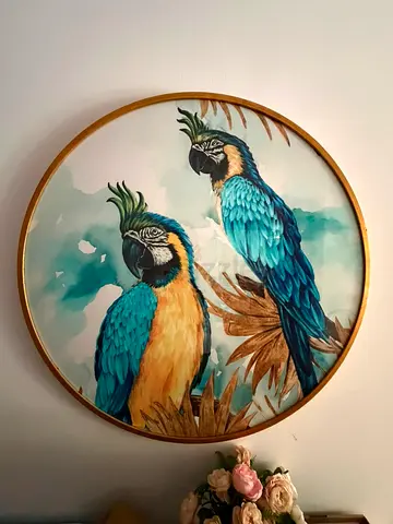Round framed macaw parrot wall art 90 cm