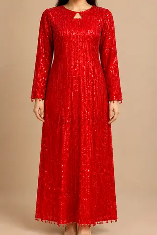 Indian Red Full-Length Sequin Evening Dress with Long Sleeves