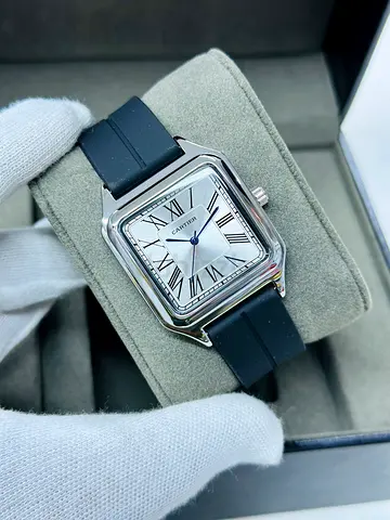Cartier Square Dress Watch – Silver Dial, Roman Numerals & Black Strap