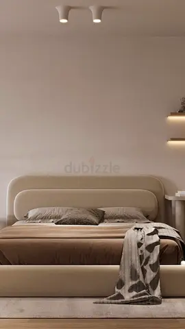 Beige Upholstered Double Bed with Padded Headboard