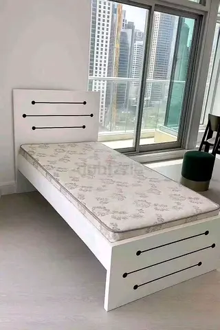 Single white wooden bed frame with mattress 90x190 cm