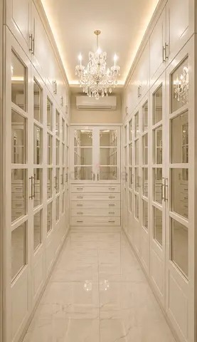 Elegant White Glass-Front Wardrobes and Drawer Set