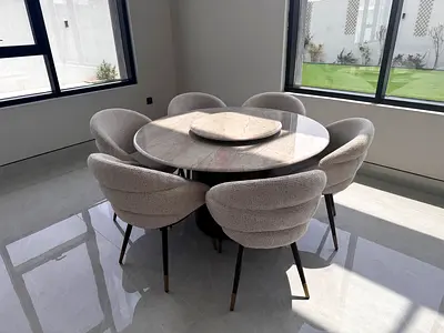 Round Marble Dining Table with 6 Upholstered Chairs