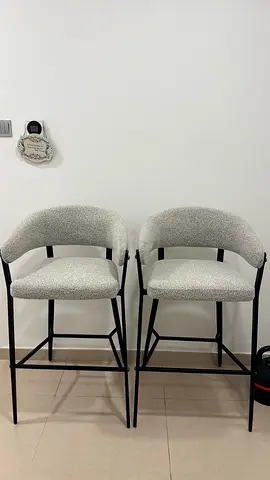 Pair of Modern Grey Fabric Bar Stools with Black Metal Legs