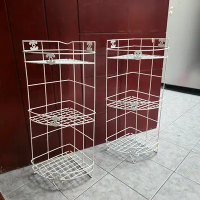 Pair of white metal corner shelving units - vintage-style ,,both for 20