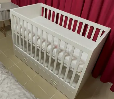 White Wooden Baby Crib with Under-Seat Drawers - Good Condition