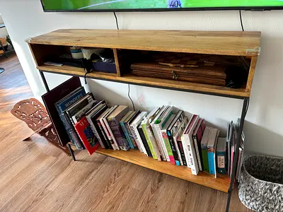 West Elm Oak WoodTV Stand with built in power strip / surge protector mounted under desk - 4 outlets
