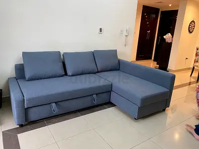 Blue L-Shaped Sofa Bed with Chaise Lounge