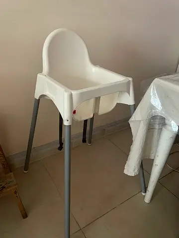 IKEA White Wooden baby crib, mattress and baby chair