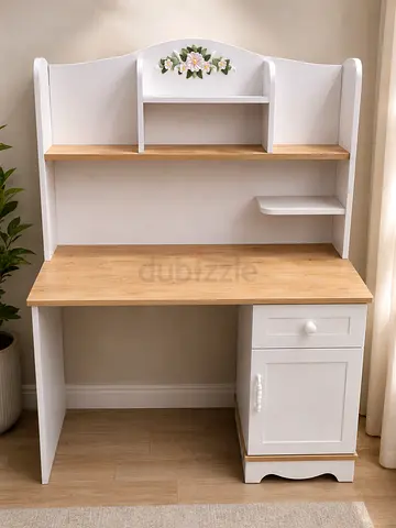 White and Oak Finish Study Desk with Hutch