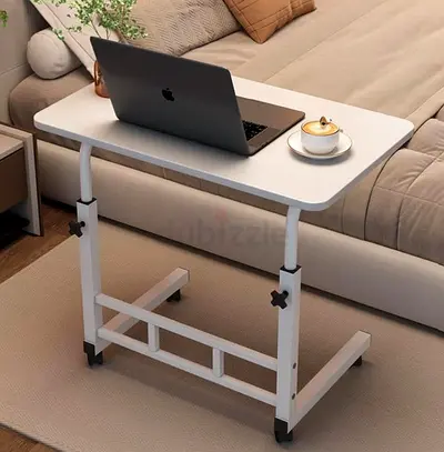 Adjustable Overbed Laptop Table - White, Height Adjustable with Wheels
