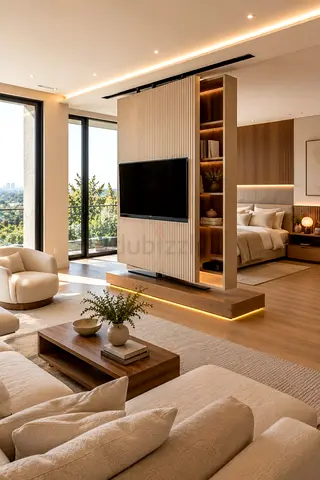 Modern wooden room divider with TV mount and shelving - used