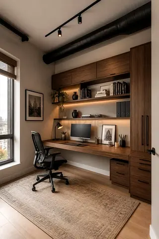Built-in wooden home office desk with overhead cabinets and shelves