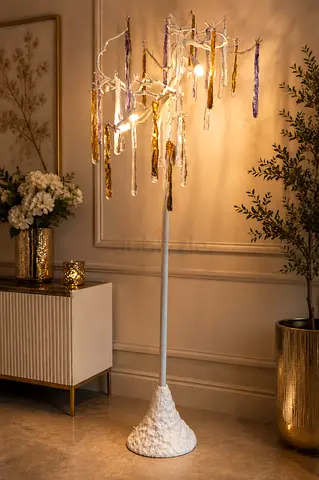 HANDMADE STALAGMITES Artisan Crystal Cascade Floor Lamp — White Sculpted Base