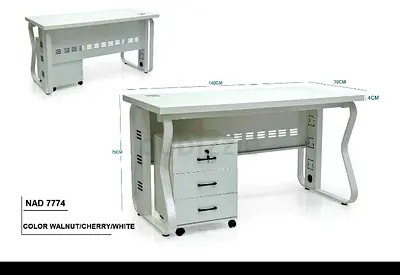 White office desk with 3-drawer mobile pedestal, 140cm x 70cm