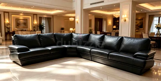 Large Black Leather L-Shaped Corner Sofa - Comfortable 5-Seater