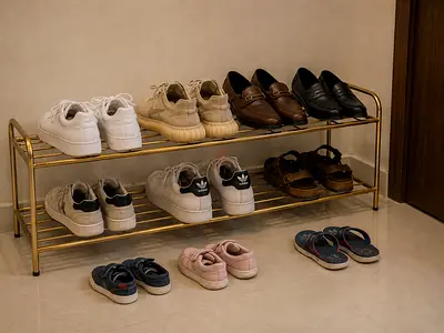 Metal 2-Tier Shoe Rack with Gold Finish — Fits 8-10 Pairs