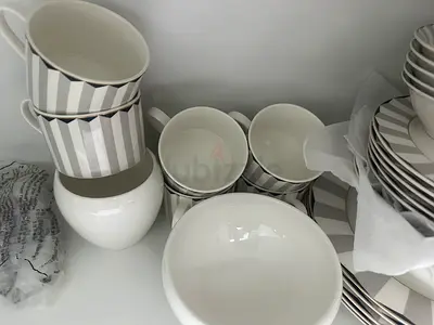 Set of white and grey striped dinnerware - plates, bowls, mugs brand new