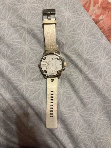 Diesel Silver-tone round dial wristwatch with white leather strap — preowned