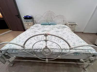 White Vintage Metal Double Bed Frame with Headboard & Footboard and side tables .