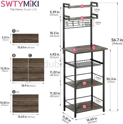 Kitchen Storage Rack with Shelves and Hanging Hooks - 5-Tier
