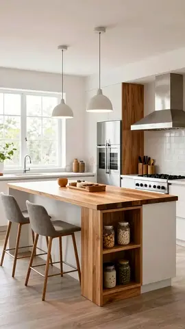 Wood Kitchen Island with Breakfast Bar and Open Shelves