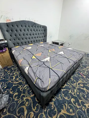 King size tufted upholstered bed frame with headboard - grey