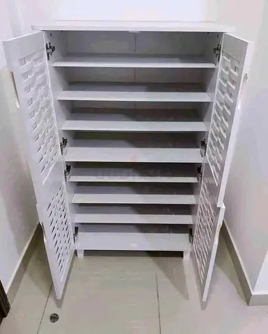 White Wooden Shoe Cabinet with Shutter Doors - 8 Shelves
