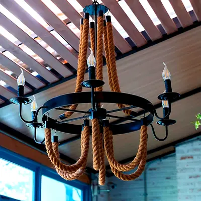 Industrial Rope Chandelier - 6 Arm Metal Ceiling Light