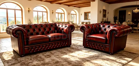 Genuine Leather Chesterfield Sofa and Armchair Set - Classic
