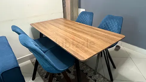Pan Home Wooden Dining Table with 4 Blue Upholstered Chairs - Good Condition